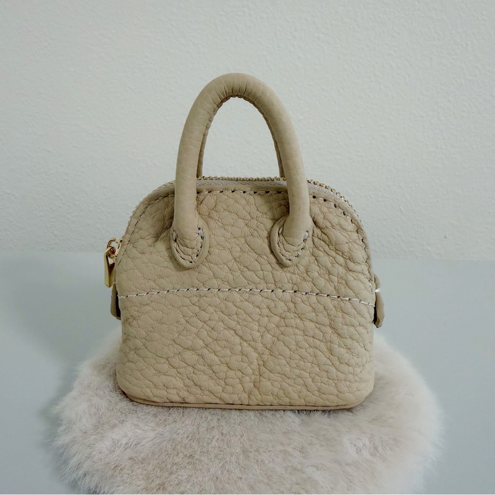 Mini Genuine Leather Shell Bag Charm • Pebble Grain • Beige